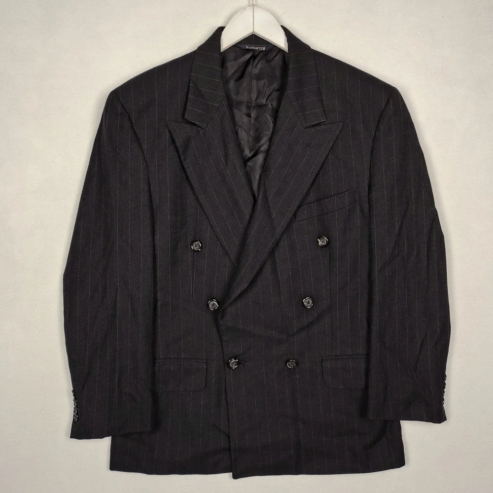 Burberrys Vintage Double Breasted Wool Pinstripe Blazer Jacket Navy Black